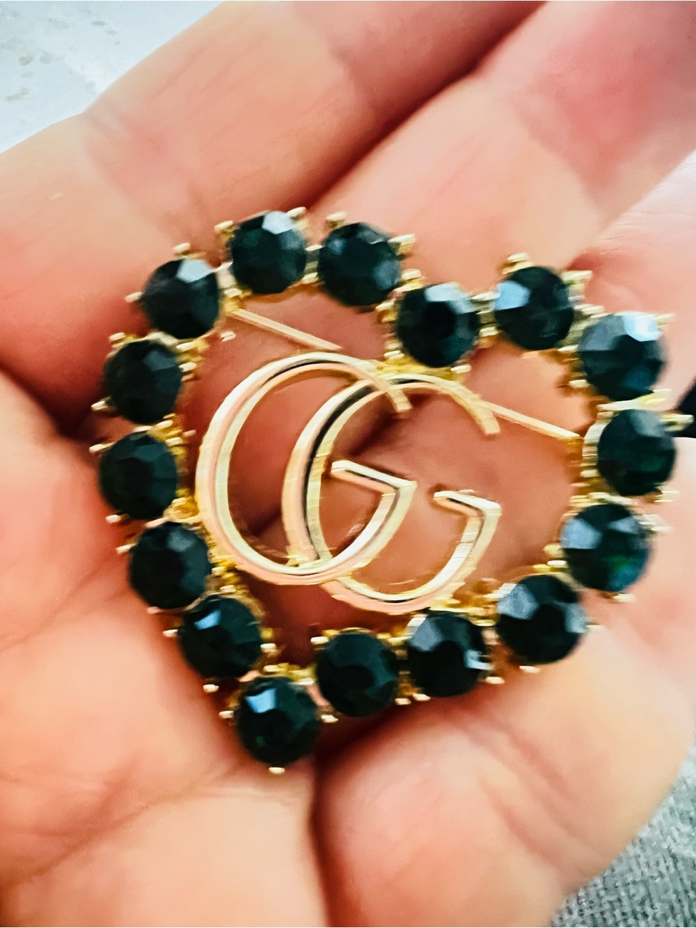Fashion Gold-Tone Heart Brooch with Dark Green Faceted Stones